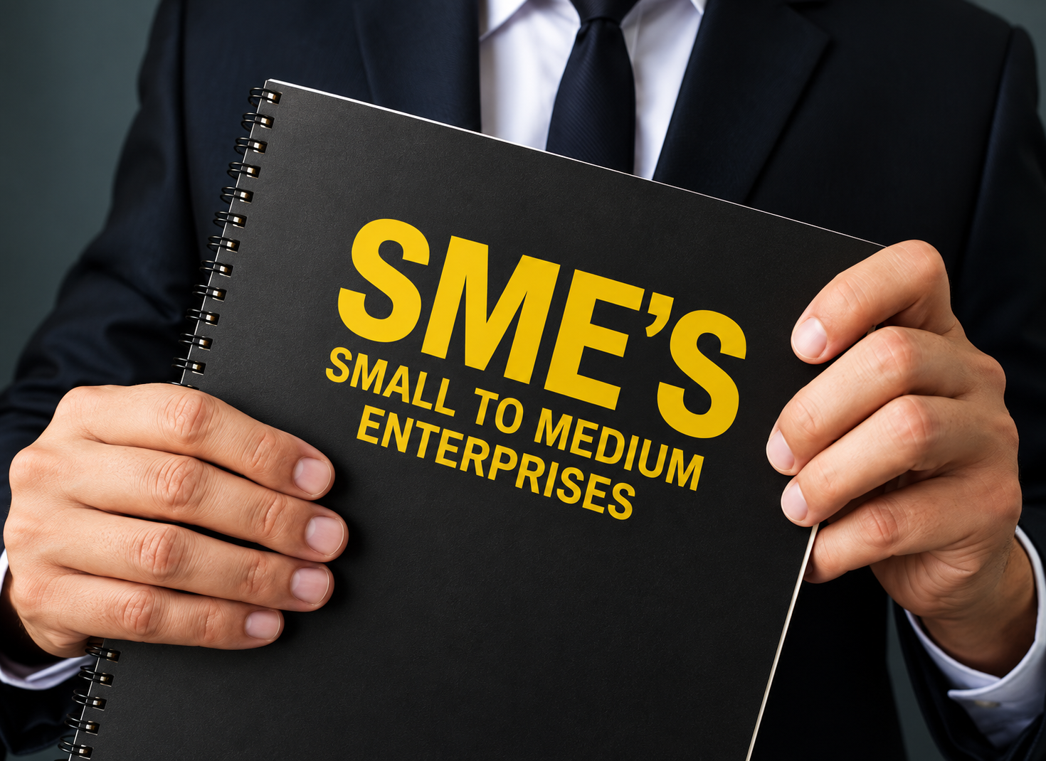Business professional holding an SME small and medium enterprises notebook